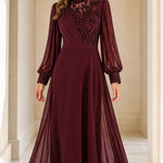 Embellished High Neck Long Sleeve Chiffon Maxi Evening Gown