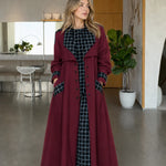 Contrast Plaid Trim Maxi Trench Coat with Buttoned Cuffs and Flap Pockets
