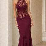 Elegance Halter Neck Lace Panel Maxi Evening Dress