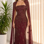 Strapless Beaded Column Evening Gown with Dramatic Sheer Cape