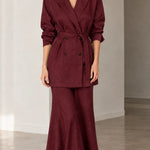 Women's Double-Breasted Belted Blazer and Flared Maxi Skirt 2-Piece Suit Set