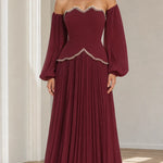 Off-The-Shoulder Beaded Scallop Choker Pleated Maxi Evening Gown