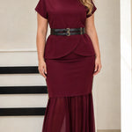 Elegant Belted Peplum Top and Chiffon Hem Mermaid Skirt Set