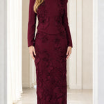 Elegant Beaded Floral Lace Long Sleeve Column Evening Maxi Dress