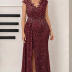 Draped V-Neck Sequin Lace Evening Gown with Front Slit and Corset Back