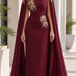 Elegant Evening Dress with Attached Cape & Gold Embroidery