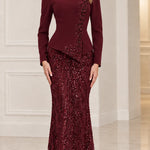 Sequined Peplum Long Sleeve Formal Evening Gown