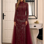 High Neck Beaded Long Sleeve Evening Gown with Tulle Overskirt