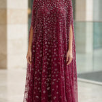 Sequined Beaded High-Neck Cape Evening Gown