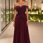 Off-The-Shoulder Beaded Fringe Ruched Chiffon Evening Gown