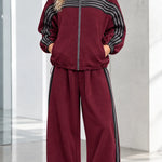 Women's Striped Zip-Up Track Jacket and Wide-Leg Sweatpants Set