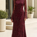 High Neck Sequin Lace Evening Gown with Long Sleeves