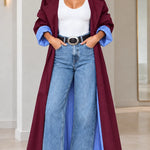 Maxi Contrast Pinstripe Lined Trench Coat with Lapel Collar