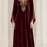 Women's Embroidered Velvet Kaftan Maxi Dress with Beaded Fringe V-Neck