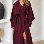 Women's Belted Midi Trench Coat with Draped Cape Detail