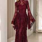 Gothic Lace Corset Maxi Dress with Dramatic Bell Sleeves and Tiered Ruffle Skirt
