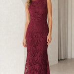 Sleeveless Floral Lace Boatneck Maxi Dress Formal Evening Gown