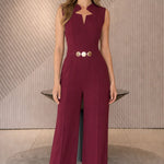 Chic Notched Neckline Wide-Leg Jumpsuit with Gold Hardware Belt
