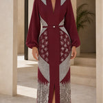 Sequin & Beaded Belted Maxi Gown with Bishop Sleeves