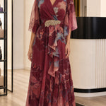 Floral Chiffon V-Neck Maxi Dress with Embellished Waist and Flutter Sleeves