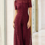 Elegant Floral Lace Overlay Wide-Leg Pantsuit with High Neck & Short Sleeves