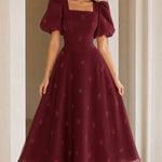 Square Neck Puff Sleeve Embroidered A-Line Midi Dress