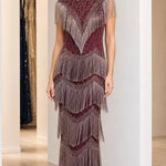 Vintage Art Deco Beaded Fringe Evening Gown | High Neck Maxi Formal Dress