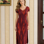 Beaded V-Neck Ikat Print Midi Dress with Ruched Sleeves