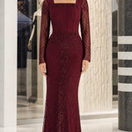 Square Neck Corset Bodice Beaded Mermaid Evening Gown with Long Sleeves