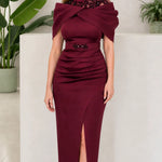 Beaded Illusion Neckline Draped Shoulder Evening Maxi Dress with Slit