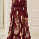 Metallic Floral Lace Long Sleeve Evening Gown with Beaded Waist