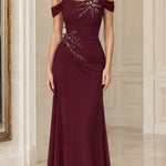 Off-the-Shoulder Ruched Formal Evening Gown with Beaded Applique