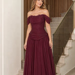 Off-the-Shoulder Beaded Ruched Chiffon Evening Gown