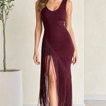 Women's Sleeveless Fringe Slit Maxi Dress
