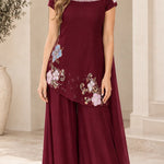 Floral Embroidered Asymmetrical Tunic Top and Wide-Leg Palazzo Pants Set