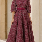 Cold Shoulder Embroidered Lace Midi Dress with Puff Sleeves and Tie Waist