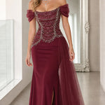 Off-the-Shoulder Beaded Corset Evening Gown with Tulle Drape