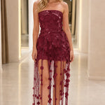 Strapless Sequin Fringe Maxi Dress with Disc Embellishments
