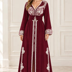 Embroidered Moroccan Kaftan V-Neck Belted Maxi Dress