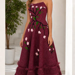 Stunning Embroidered Floral Strapless Midi Dress