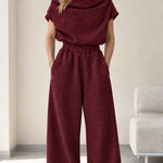 Women's Cowl Neck Short Sleeve Top and Wide Leg Sweatpants Loungewear Set