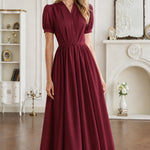 Short Sleeve Pleated V-Neck Midi Dress with Belt