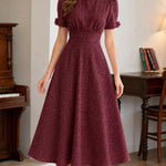Elegant Short Sleeve Woven A-Line Midi Dress with Puff Sleeves