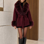 Women's Plush Faux Fur Trim Belted Wool-Look Wrap Coat