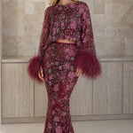 Embellished Two-Piece Feather Trim Crop Top and Maxi Skirt Set