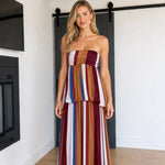 Women's Strapless Striped Tiered Maxi Dress with Smocked Back
