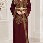 Embroidered Moroccan Kaftan Maxi Dress with Ornate Waist Belt