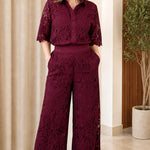 Women's Elegant Lace Button-Down Shirt and Wide-Leg Pants Set