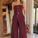 Strapless Button-Front Top and Pleated Wide-Leg Pants Two-Piece Set