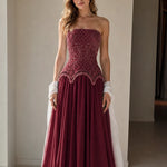 Strapless Beaded Corset Evening Gown with Scalloped Fringe & Chiffon Skirt